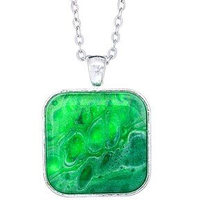 Handmade Green Fluid Art Square Pendant Necklace